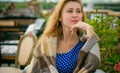 Young romantic woman lifestyle portrait in cafe Royalty Free Stock Photo