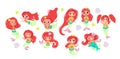 Cute european red hair mermaids illustrations