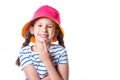 Cute european smiling little girl with pink hat and pigtails isolated on white background