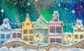 Cute European urban landscape, winter with houses, bridges, lanterns and snow on the background of the night sky and the