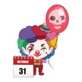 Cute evil clown holding a balloon and a calendar