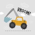 cute excavator car and vroom text