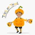 Cute Pumpkin Boy Carrying Candies Bucket, Halloween Cartoon Vector Royalty Free Stock Photo