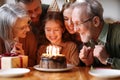 Cute excited little child making wish, blowing candles on cake while celebrating Birthday with family Royalty Free Stock Photo