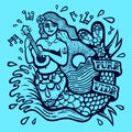 Cute exotic mermaid girl playing ukulele with sea and shining sun exotic tropical paradise monochrome vector illustration Royalty Free Stock Photo