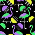 Cute exotic tropical seamless background with cartoon characters of neon flamingos in 80s style Royalty Free Stock Photo