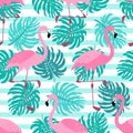 Cute exotic tropical seamless background with cartoon characters of pink flamingos