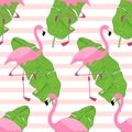 Cute exotic tropical seamless background with cartoon characters of pink flamingos Royalty Free Stock Photo