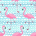 Cute exotic tropical seamless background with cartoon characters of pink flamingos Royalty Free Stock Photo