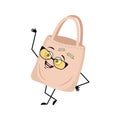 Cute fabric bag character with glasses and happy emotion, face, smile eyes, arms and legs