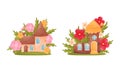 Cute fabulous cottages among summer flowers and grass set. Little stone house of gnome or elf cartoon vector