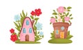 Cute fabulous houses among summer flowers set vector illustration