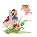 Cute fabulous set. A beautiful girl in flying fairy fairy costumes Funny winged elf princesses in cartoon style fly and Royalty Free Stock Photo