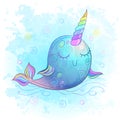 Cute fabulous unicorn whale. Watercolor. Vector illustration