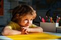 Cute face of pupil, close up. Portrait of Pupil of primary school study indoors. Learning and education concept. Royalty Free Stock Photo