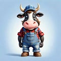 Cute face rural farm domestic cow animal work clothes