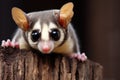 Cute face sugar glider on wood sugar glider closeup sugar glider climbing on wood