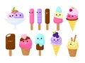 Cute faces ice cream. Kids cartoon characters, summer culinary products, funny childish gelato design, yummy smiling