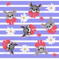 Cute faces of mice with red bows with white polka dots, pink butterflies and daisies on  blue striped background. Seamless pattern Royalty Free Stock Photo