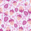 Cute faces strawberry checkered seamless pattern in purple color, childish ornate with fruits for kitchn textile Royalty Free Stock Photo