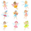 Cute Fairies In Pretty Dresses Girly Cartoon Characters Set