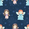 Cute fairies seamless pattern with clouds and stars in background. Childish hand drawn vector illustration perfect for textiles Royalty Free Stock Photo