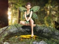 A cute fairy admiring nature sitting on top a an arched majestic tree in the enchanting forest.