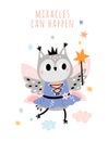 Cute fairy animal card. Funny girl bird with delicate wings and magic wand. Forest princess. Cartoon sorceress character Royalty Free Stock Photo