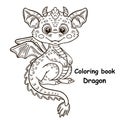 Cute fairy baby dragon reptile, magic fantasy flying fire lizard monster animal character line icon. Kid coloring book page vector Royalty Free Stock Photo