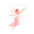 Cute fairy in beautiful gown and with red hair isolated on white background. Folkloric mythological magical creature