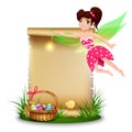 Cute fairy with blank paper. Easter background with copy space for text Royalty Free Stock Photo