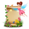 Cute fairy with blank paper in spring time Royalty Free Stock Photo