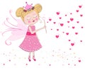 Cute fairy blows soap bubbles. Heart balloon bubbles. Valentine's Day greeting card vector