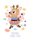 Cute fairy card. Little funny animal with delicate wings and magic wand. Forest princess. Cartoon deer dancing in