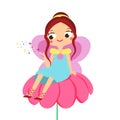 Cute fairy. Cartoon little flying pixie, elf character sitting on flower