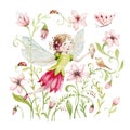 Cute Fairy character watercolor illustration on white background. Magic fantasy cartoon pink fairytale design. Baby girl Royalty Free Stock Photo