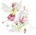 Cute Fairy character watercolor illustration on white background. Magic fantasy cartoon pink fairytale design. Baby girl