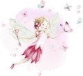 Cute Fairy character watercolor illustration on white background. Magic fantasy cartoon pink fairytale design. Baby girl