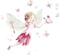 Cute Fairy character watercolor illustration on white background. Magic fantasy cartoon pink fairytale design. Baby girl