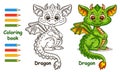 Cute fairy dragon reptile, fantasy magic flying fire lizard monster, dinosaur animal character. Child coloring book page. Vector Royalty Free Stock Photo