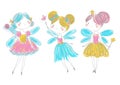 Cute fairy friends in hand drawn style. Cartoon fairy princess with magic wands.
