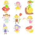 Cute fairy. Garden elf and pixie. Little people. Beautiful girls and bys in winged flying costumes. Vector Set of cartoon fantasy