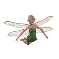 Cute Fairy Girl With Blonde Hair And Wearing Green Dress, Flying With Dragonfly Wings. Isolated 3D Rendering