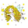 Cute fairy girl in crown flying with the stars. Hand drawn Vector illustration. Royalty Free Stock Photo