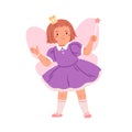 Cute fairy girl disguised in tale princess costume with wings. Happy kid in fantasy dress. Fairytale character with wand