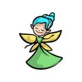 Cute fairy with gold wings, blue hair and green dress