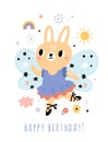 Cute fairy greeting card. Little funny animal with delicate wings and magic wand. Forest princess. Rabbit in tutu dress Royalty Free Stock Photo