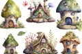 Cute Fairy Houses Watercolor Clipart. Ultra High Realistic
