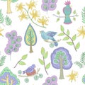 Cute fairy pattern with fantasy birds and floral elements Royalty Free Stock Photo