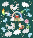 Cute fairy pattern with funny animals: pony unicorn, kitten caticorn, little fox, blue butterflies. Royalty Free Stock Photo